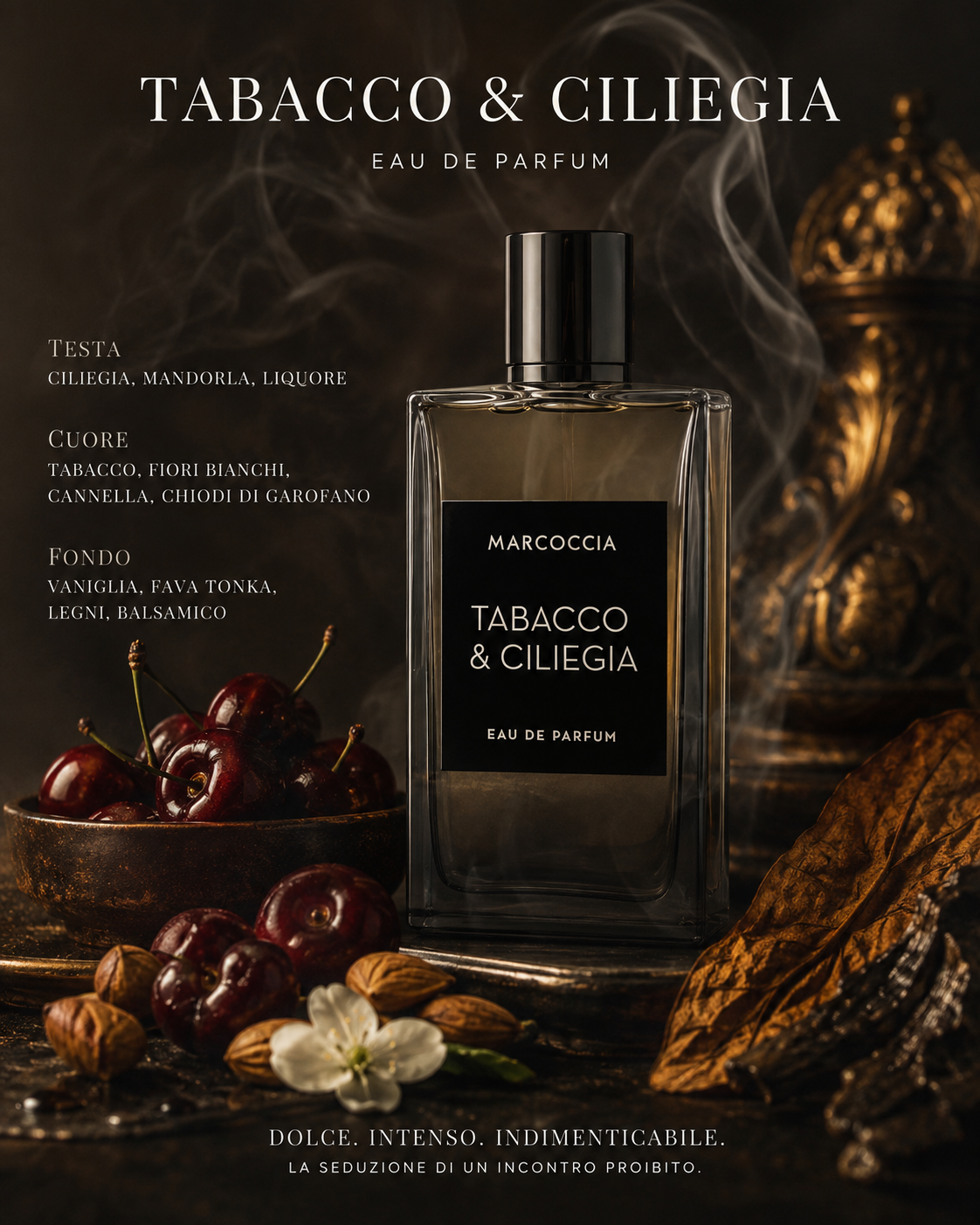 Flacone trasparente di Tabacco & Ciliegia Eau de Parfum Marcoccia su sfondo bianco.