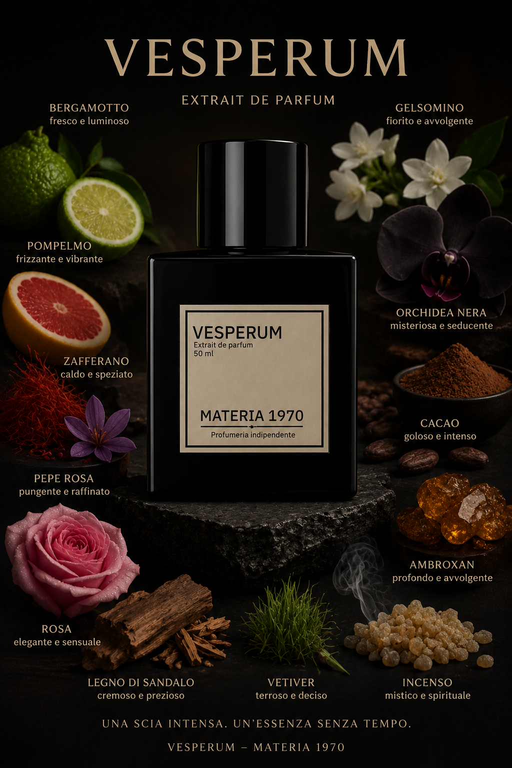 Flacone nero di VESPERUM Extrait de parfum 50 ml circondato dalle note olfattive di bergamotto, pompelmo, zafferano, pepe rosa, gelsomino, orchidea nera, cacao, ambroxan, rosa, legno di sandalo, vetiver e incenso.